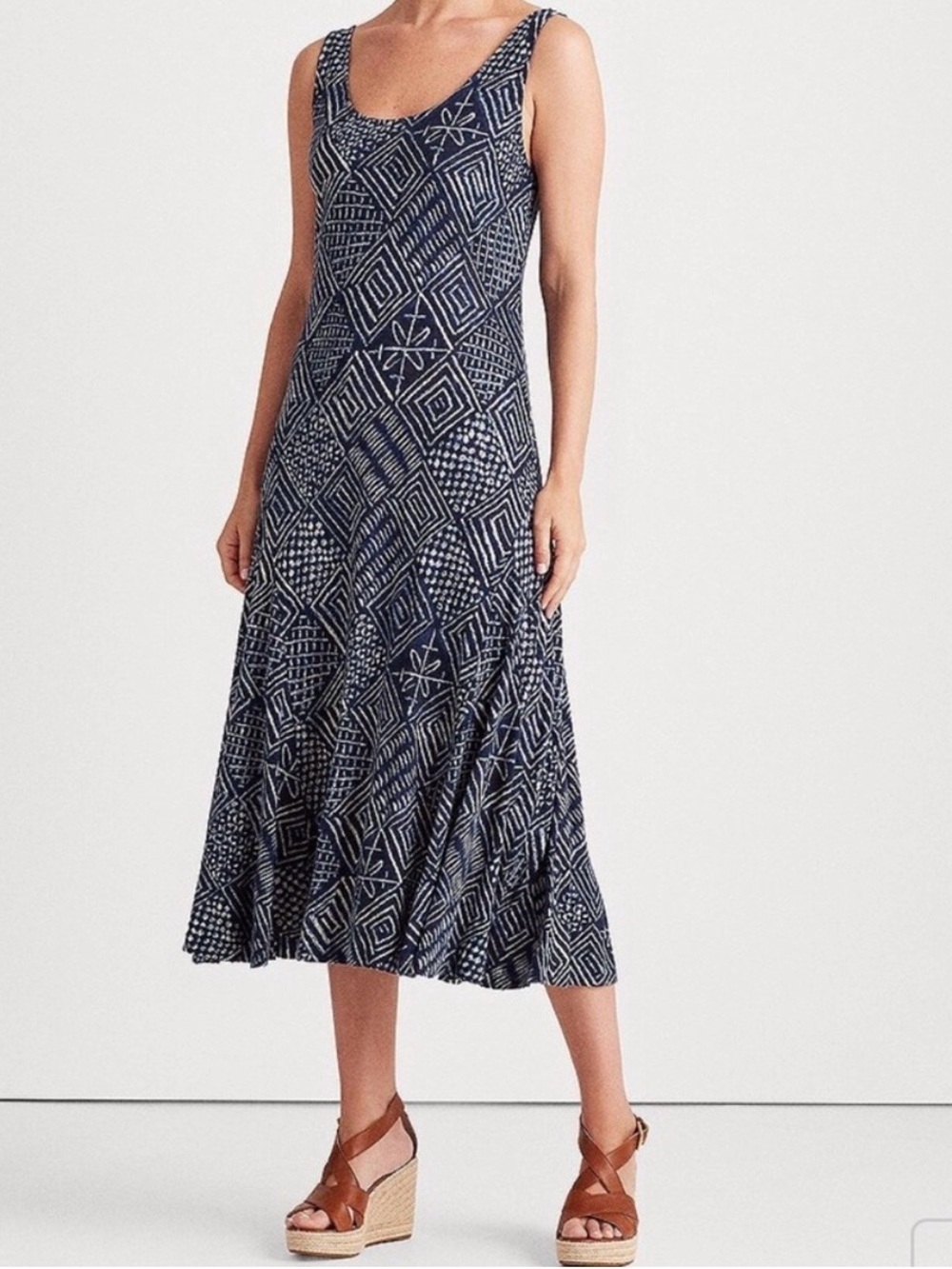 New Ralph Lauren Sleeveless Navy Geometric Midi linen blend Dress